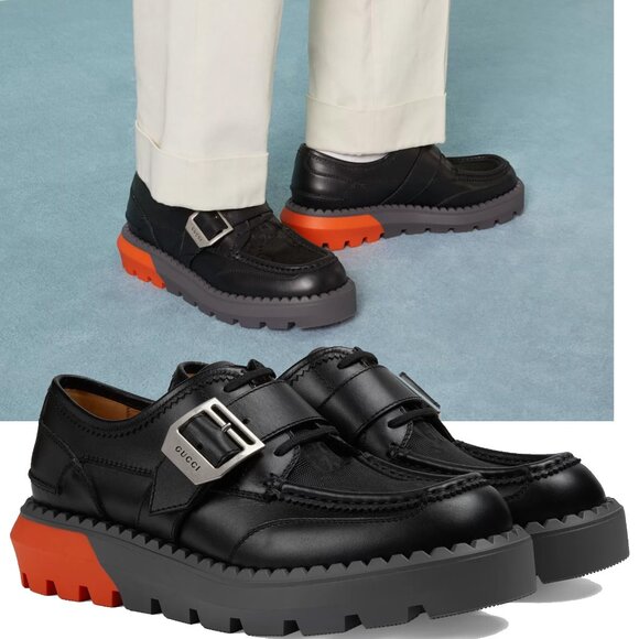 GUCCI SHOES MENS GG LOGO BLACK LEATHER CANVAS LACE UP LOAFERS sz 10 10.5 - Picture 1 of 16